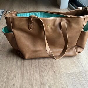 West Elm Brown Leather Tote with Teal Interior